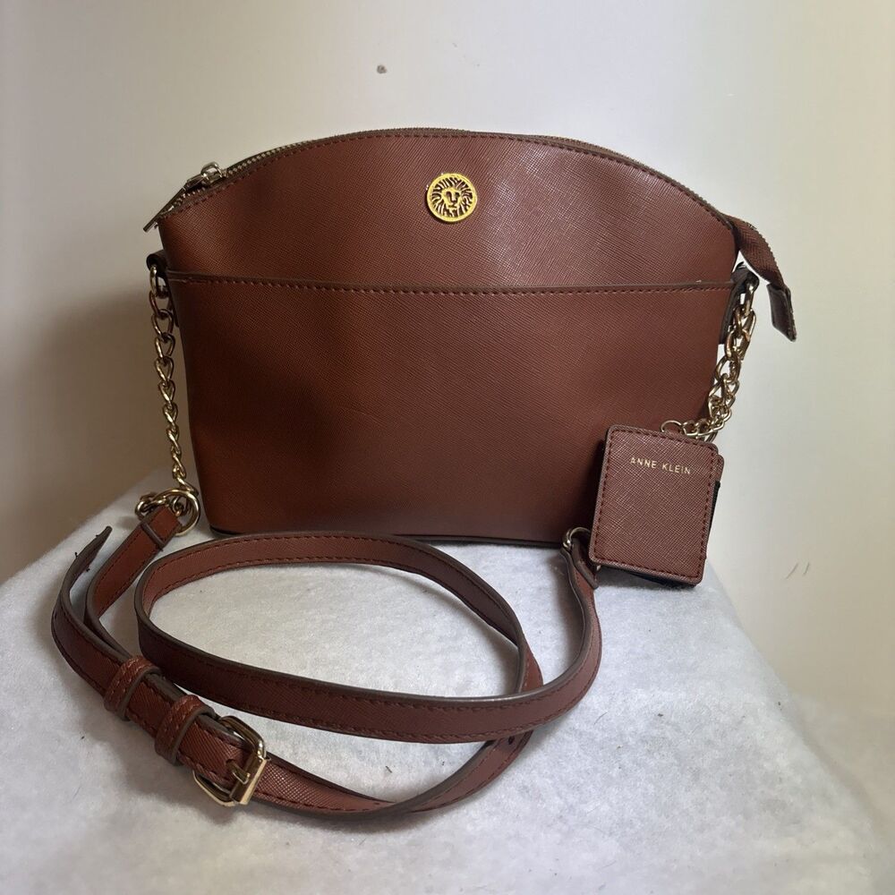 Anne Klein Brown Dome Crossbody Bag - Gold Hardware & Lion Logo